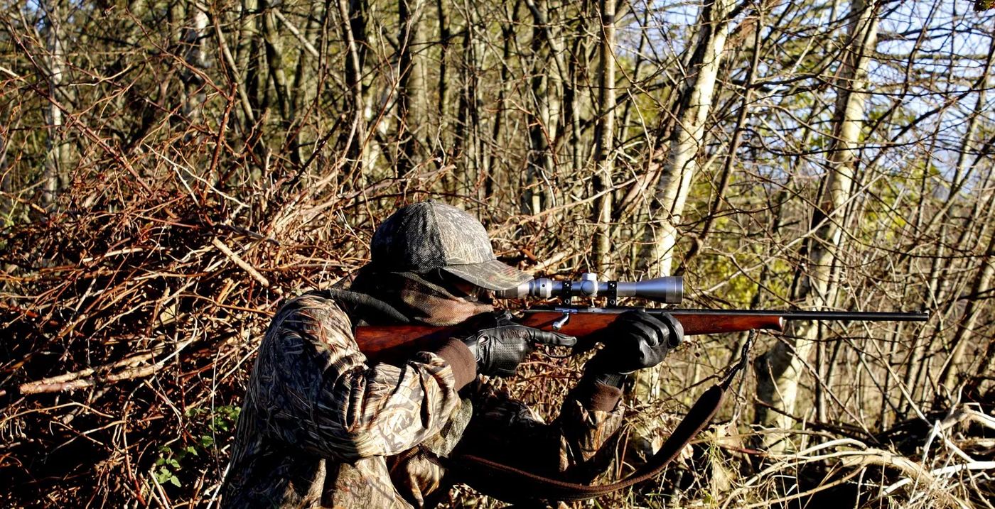A hunter in camouflage kneeling and aiming a scoped rifle through brush